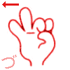【ぶ】　の表現です。　濁音は右横に移動する【カタカナのフ　親指と人差し指を開いて伸ばし人差指は下へ向ける。他の指は握る。】