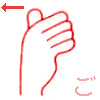 【ご】　の表現です。　濁音は右横に移動する【カタカナのコ　手の甲と親指を直角にして上面は水平にする。】