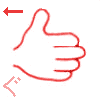 【ぐ】　の表現です。　濁音は右横に移動する【手話の数詞（９）　手の甲を相手に見るように親指を垂直に立てる。】