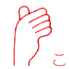 【こ】　の表現です。　【カタカナのコ　手の甲と親指を直角にして上面は水平にする。】